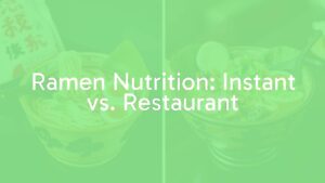 Two bowls of ramen side by side, one instant with packaging visible, the other a gourmet restaurant-style ramen with toppings, realistic.