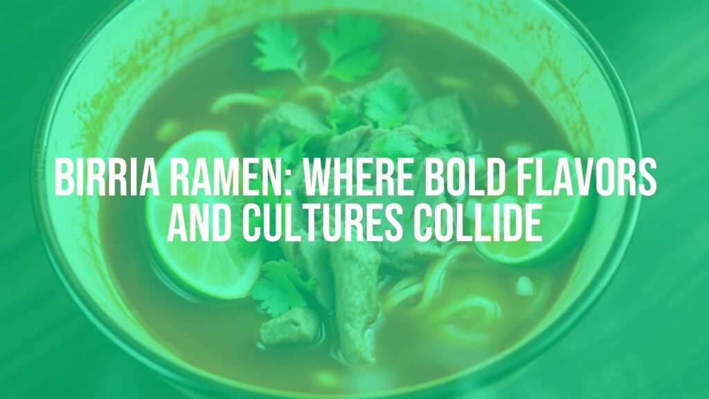 A steaming bowl of birria ramen, rich red broth with ramen noodles, topped with beef slices, cilantro, lime, and onions, vibrant colors, food photography style.