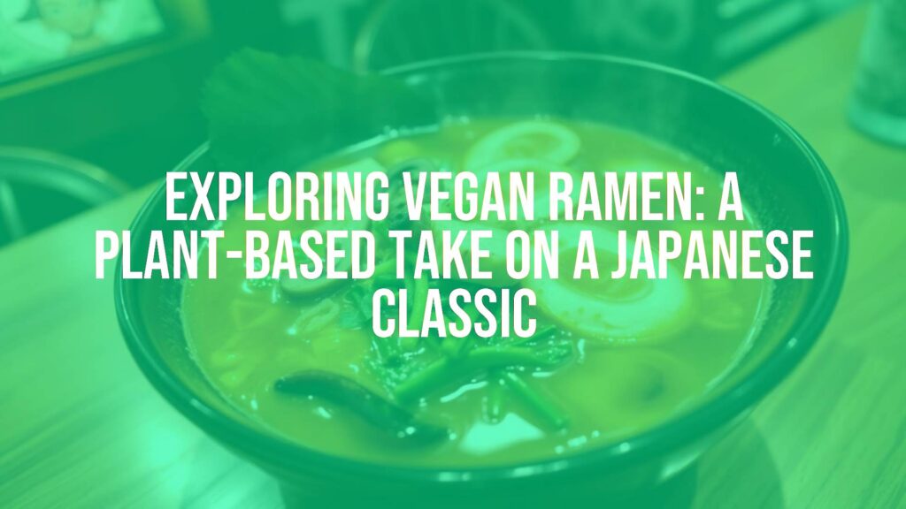 A steaming bowl of vegan ramen with rich broth, topped with tofu, mushrooms, and greens, Japanese restaurant setting, cozy lighting, realistic.