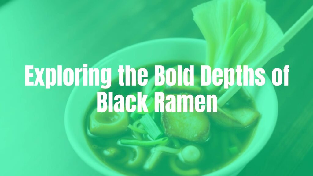 A steaming bowl of black ramen with inky broth, topped with char siu pork, bamboo shoots, and green onions, realistic.