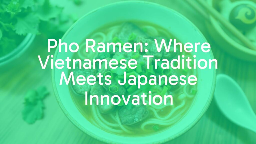 A steaming bowl of pho ramen, fusion dish with Vietnamese and Japanese elements, aromatic broth with herbs and spices, chewy wheat noodles, topped with beef slices, green onions, and cilantro, vibrant and inviting, realistic food photography.