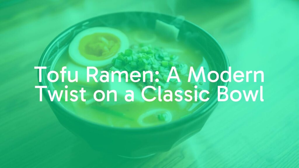 A steaming bowl of tofu ramen, garnished with green onions, nori, and a soft-boiled egg, on a wooden table, soft lighting, realistic.