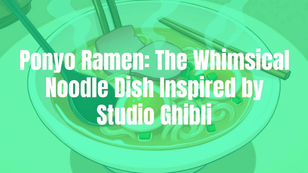 A whimsical bowl of Ponyo ramen, curly noodles, slices of ham, soft-boiled egg, green onions, clear broth, Studio Ghibli-inspired, cozy lighting, illustrative style.