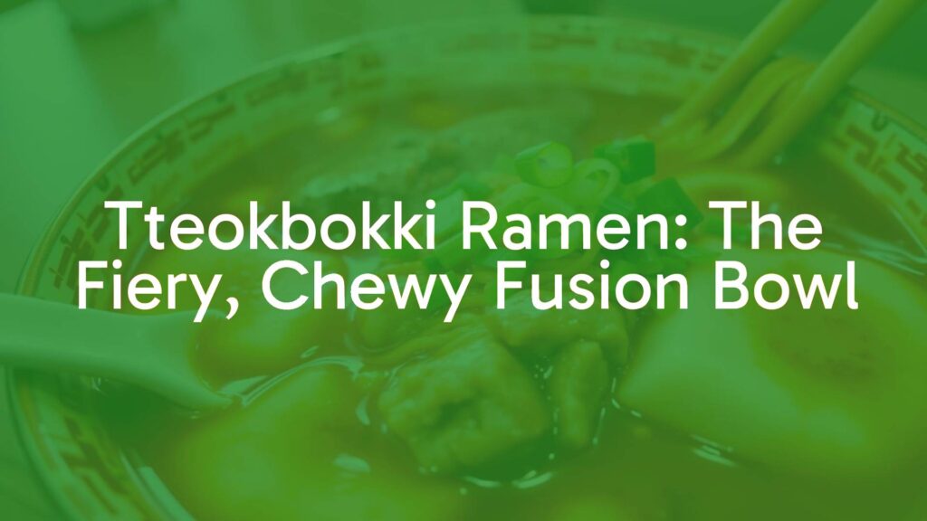 A steaming bowl of tteokbokki ramen, chewy rice cakes and ramen noodles in spicy red sauce, garnished with green onions, vibrant and appetizing, food photography style.